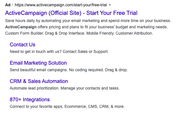 screenshot of ActiveCampaign's paid Google ad