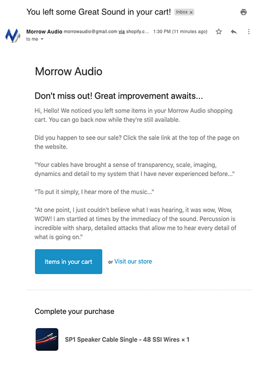 Morrow Audio abandoned cart email